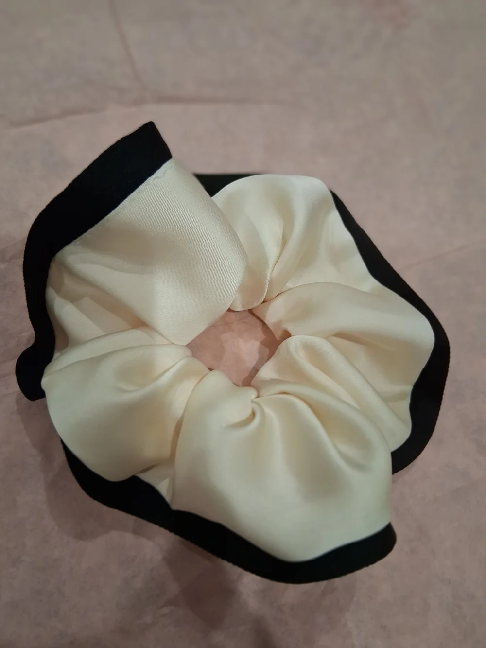 CHANEL GWP  Cream Satin Hair Scrunchie with Crystal CC Emblem on Black Trim.New